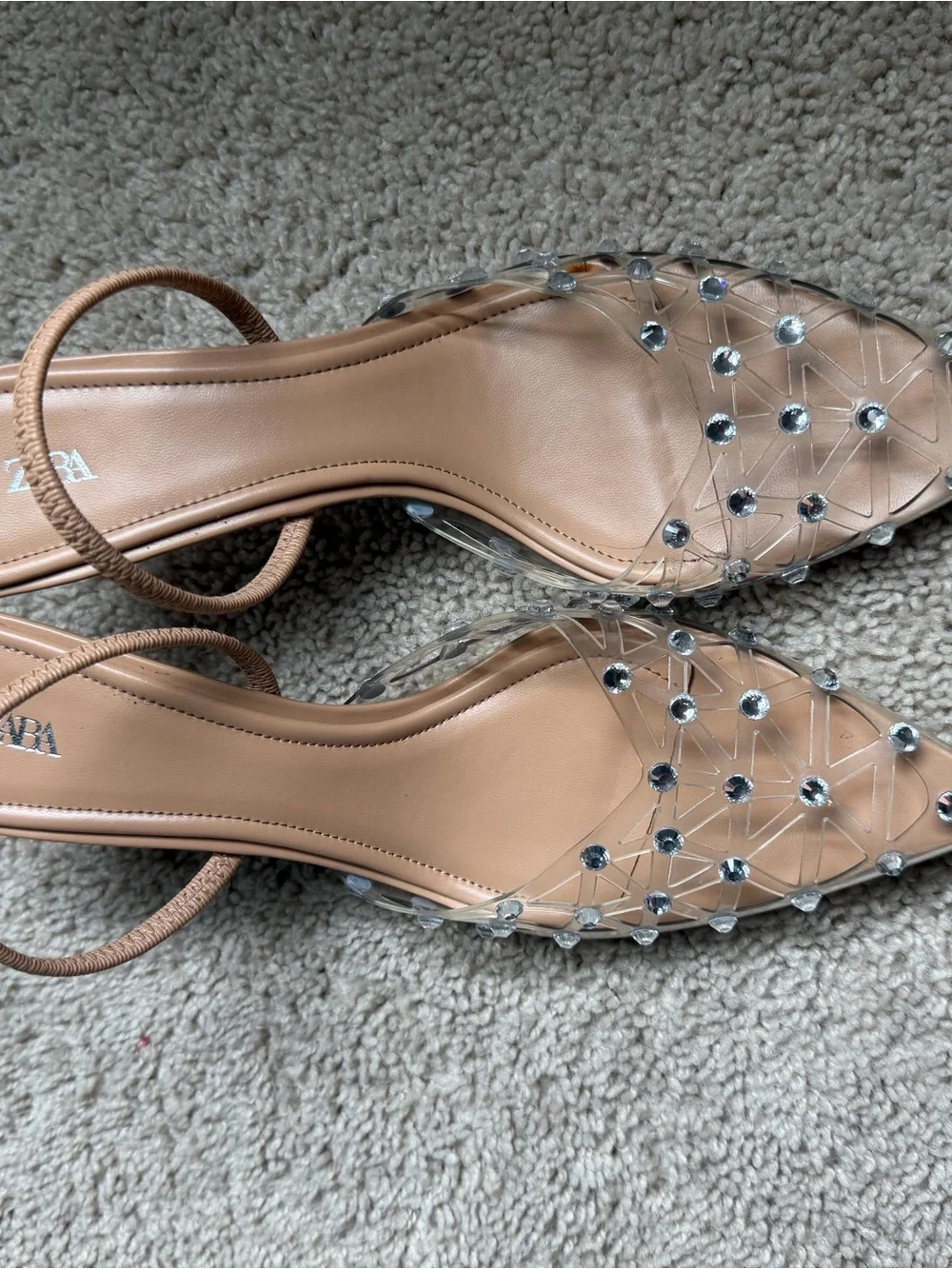 ZARA RHINESTONE HEELED SLINGBACKS BEIGE